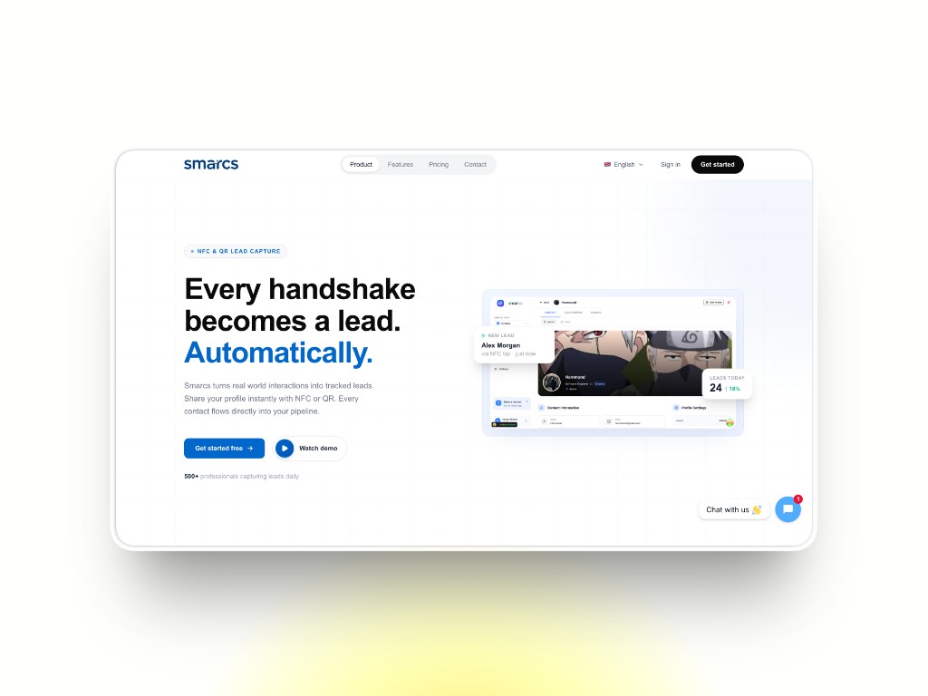 Smarcs marketing site hero with product dashboard mockup